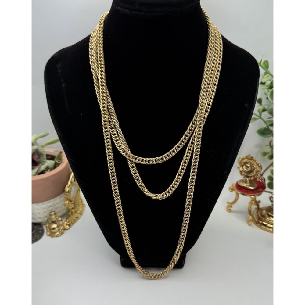 Vintage Cronw Trifari Gold Tone Chain Link  Very Long Necklace 40"